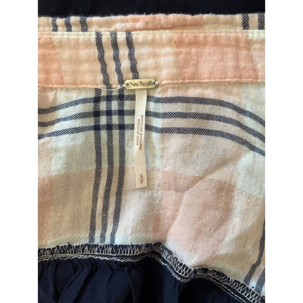 FREE PEOPLE Plaid Multi-Print Pink Navy Blue Shirt Top Size S/M - Picture 3 of 3